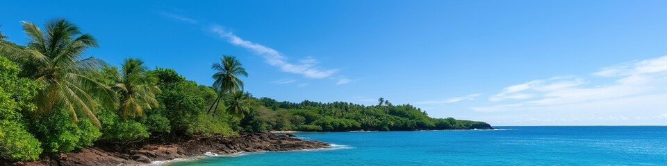 Fototapeta premium A beautiful blue ocean with a sandy beach and palm trees in the background. The sky is clear and the sun is shining brightly