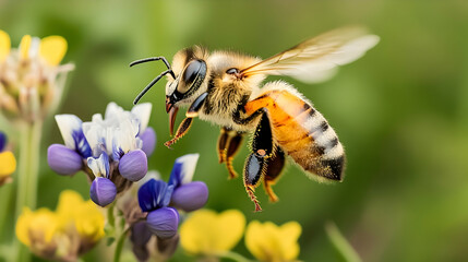 A honeybee flying towards a cluster of wildflowers, focusing on its fuzzy body and delicate wings in a well-lit frame