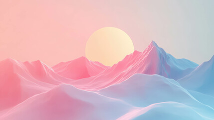 Ethereal 3D Mountain Landscape in Tranquil Pastel Colors with Soft Sunlight Glow