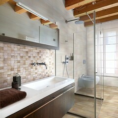 Stylish glossy grey bathroom, big white bathtub and two basins on the background with big mirror. Illustration of modern new furniture in bathroom, wooden furniture. No people. Mockup. 3D Rendering