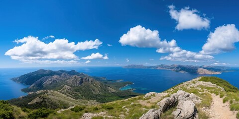 A beautiful view of the ocean and mountains with a clear blue sky. The sky is dotted with clouds, giving the scene a serene and peaceful atmosphere