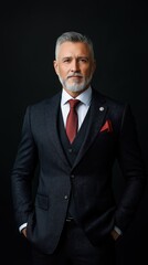 A man in a black suit with a red tie and a red handkerchief. He is wearing a tie and a suit jacket