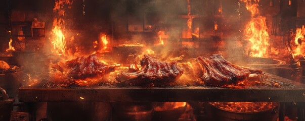 Obraz premium Barbecue ribs cooking over open flames, smoky and dynamic scene.