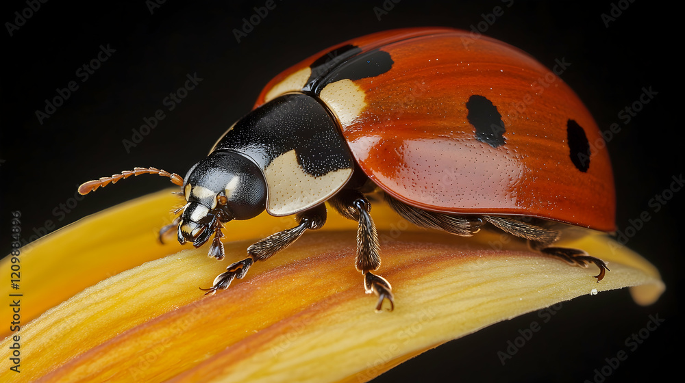Poster a ladybug resting on a flower petal, emphasizing its glossy shell and intricate details in bright co