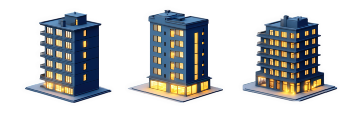 three stylized buildings with illuminated windows. showcasing different architectural designs and heights the buildings are presented in a modern. isometric style. emphasizing their structure and ligh