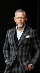Fototapeta premium A man in a black and white plaid suit stands in front of a black background. He is wearing a white shirt and a black vest