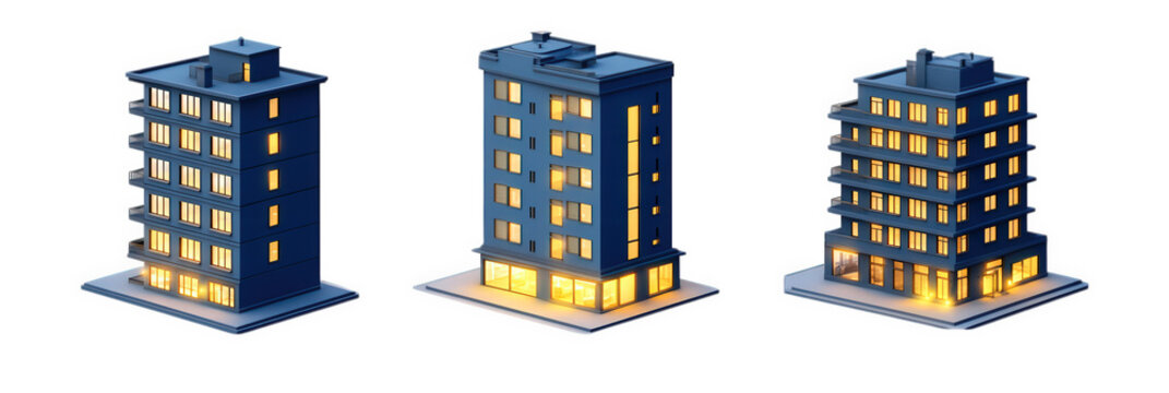 three stylized buildings with illuminated windows. showcasing different architectural designs and heights the buildings are presented in a modern. isometric style. emphasizing their structure and ligh