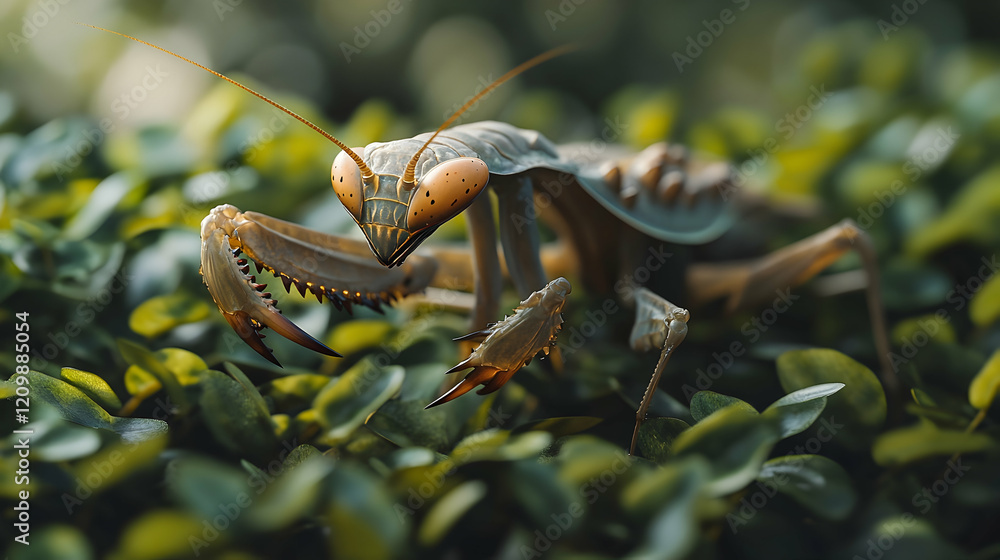 Aufkleber a mantis blending into green foliage, with its sharp claws and segmented body in sharp focus