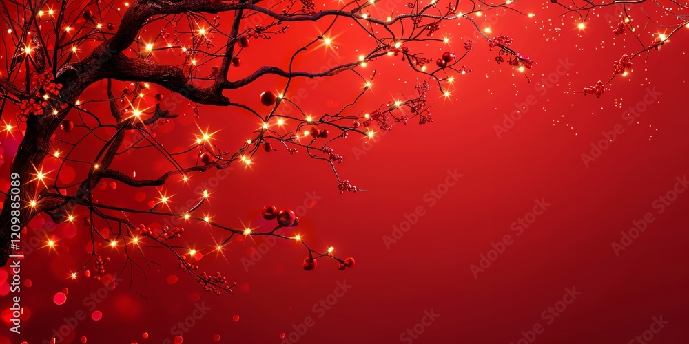 Poster this vector artwork features a close-up of a tree branch adorned with string lights and a large text