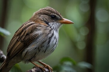 Photograph of a Small Songbird with Brown Feathers and an Orange Beak Perched in a Serene Forest