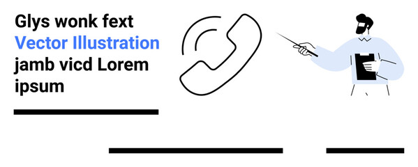 Telephone handset icon with sound waves alongside man holding clipboard and pointing. Ideal for business presentations, office themes, customer service, telecommunication, training materials