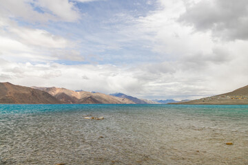 Beautiful landscape with mountains on the lake named Pagong Tso, or Pagong Lake, situated on the border with India and China, Leh, Ladakh, India. one of the world's highest brackish water lakes.