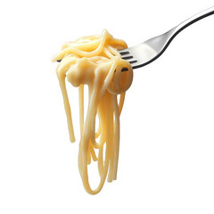 a fork holding a portion of spaghetti against a plain white background. showcasing the pasta's texture and shape the simplicity and appeal of this classic dish. making it suitable for food-related con