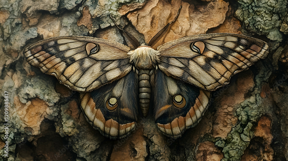 Aufkleber a moth resting on a tree bark, blending into its textured surroundings with muted wing patterns