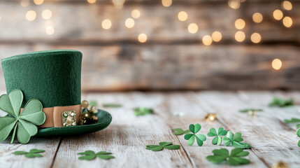 A green hat with shamrocks on it sits on a table
