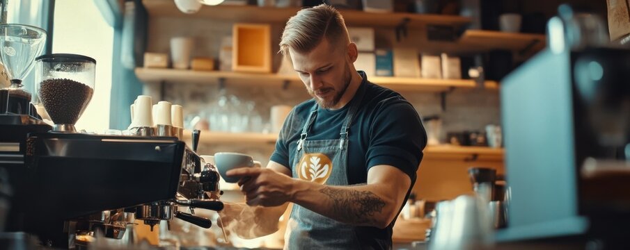 Barista making coffee with latte art in a modern cafÃ©