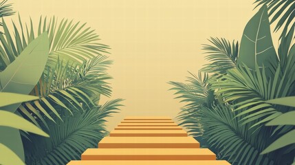 Lush Tropical Pathway Illustration: Green Palms Framing a Warm Golden Pathway for Nature and Relaxation Themes in Stock Images