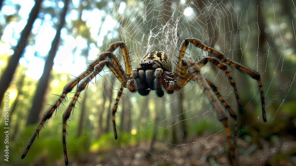Aufkleber a spider weaving a web in a forest, its detailed legs and intricate web patterns in sharp focus