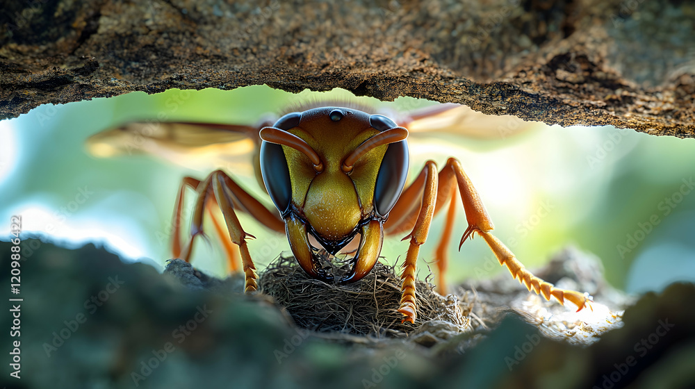 Aufkleber a wasp building a nest under a tree branch, its sharp mandibles and segmented body illuminated under