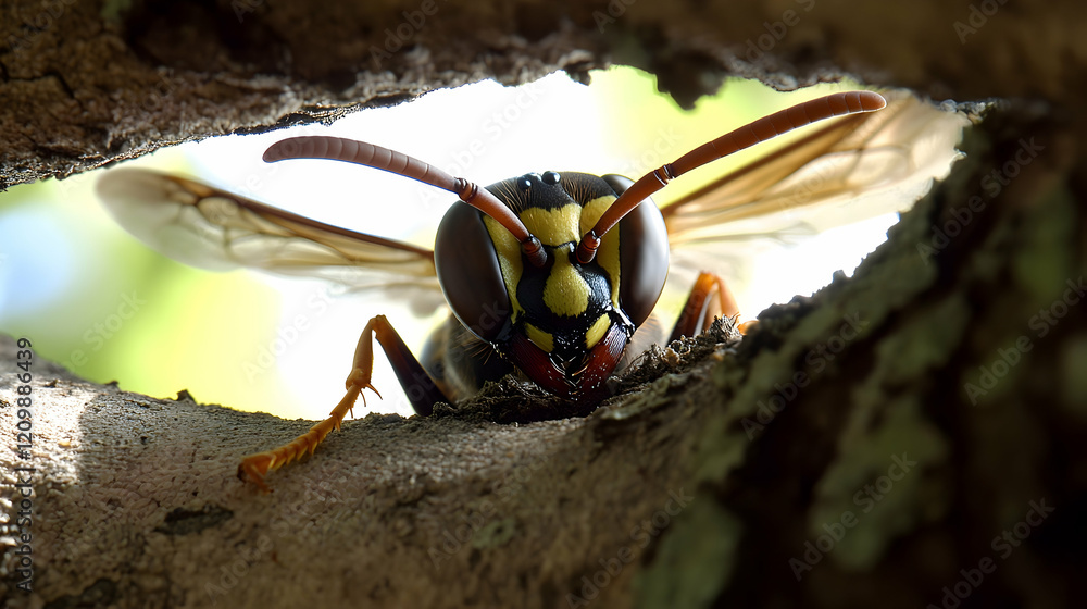 Poster a wasp building a nest under a tree branch, its sharp mandibles and segmented body illuminated under