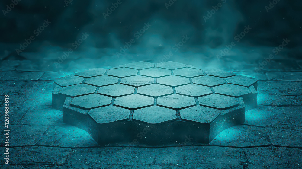 Aufkleber 3d floating platform with interlocking tiles on a misty background