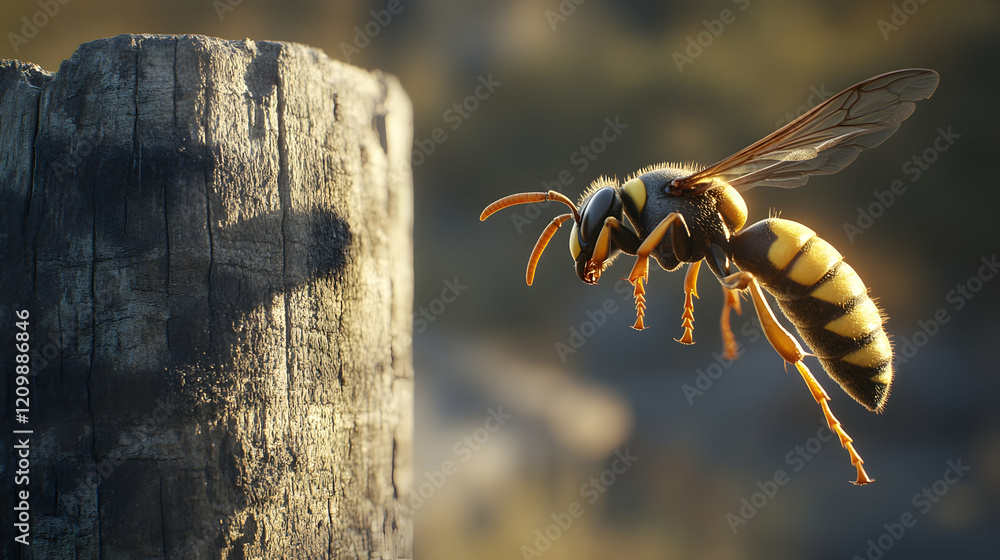 Poster a wasp hovering near a wooden post, its sharp wings and segmented body illuminated in bright conditi
