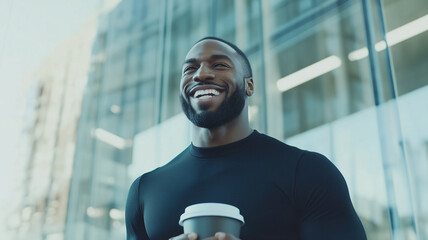 smiling man in black shirt holds coffee cup outside modern building, exuding confidence and positivity