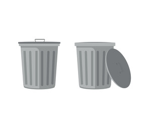Metal trash can. Set of trash cans with open and closed lid. design isolated on white background. Flat vector illustration