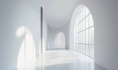 Obraz premium Modern minimal white office corridor or hallway interior with a large window though the meeting room, Generative AI