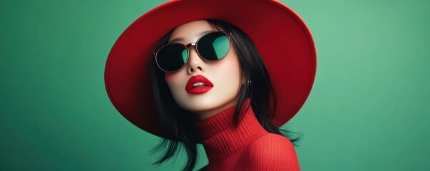 Beautiful asian woman wearing a red hat and sunglasses on a green background, showing a confident and stylish look, blending vibrant fashion elements with a simple, elegant backdrop