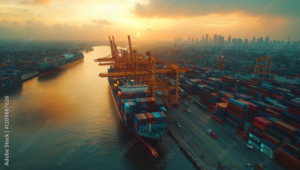 Aufkleber aerial view of container ship docked at a port during sunset with colorful shipping containers and c