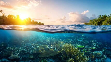 Fototapeta premium Stunning Tropical Island Sunset Over Vibrant Coral Reef Underwater Scene