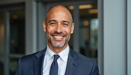 Naklejka premium Smiling businessman in suit against office background