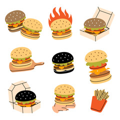 Burger set. Traditional American fast food. Hand drawn elements for cafe menu, restaurants. Vector illustration.