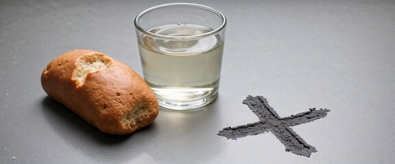 Bread and a glass of water. Ash Wednesday: the beginning of Lent with bread, water and a cross of ashes symbolizing purification and humility, perfect for religious blogs, educational content and spir