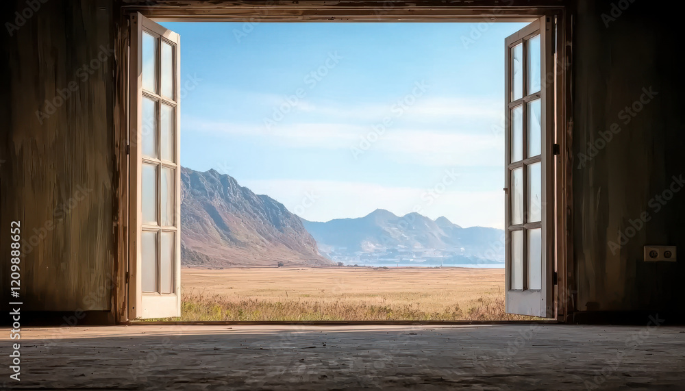 Poster scenic view through open window showcasing mountains and fields