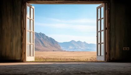 scenic view through open window showcasing mountains and fields