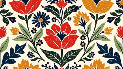 Vibrant Floral Pattern with Red Tulips and Colorful Leaves Isolated Landscape background art illustration.