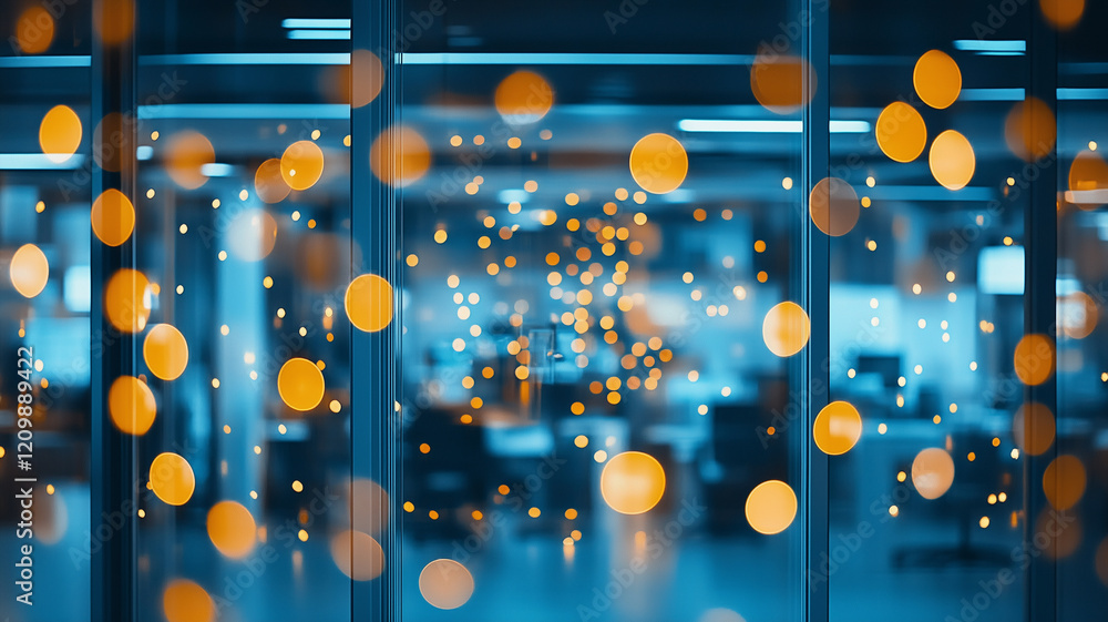Poster blurred view of modern office with warm orange bokeh lights creating vibrant atmosphere. scene captu