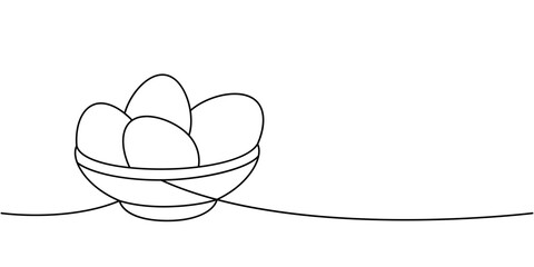 Raw eggs in bowl one line continuous drawing. Organic farm product. Vector illustration