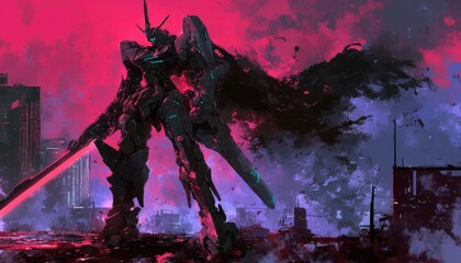 Fototapeta premium Giant Robot Stands in a Post Apocalyptic Cityscape