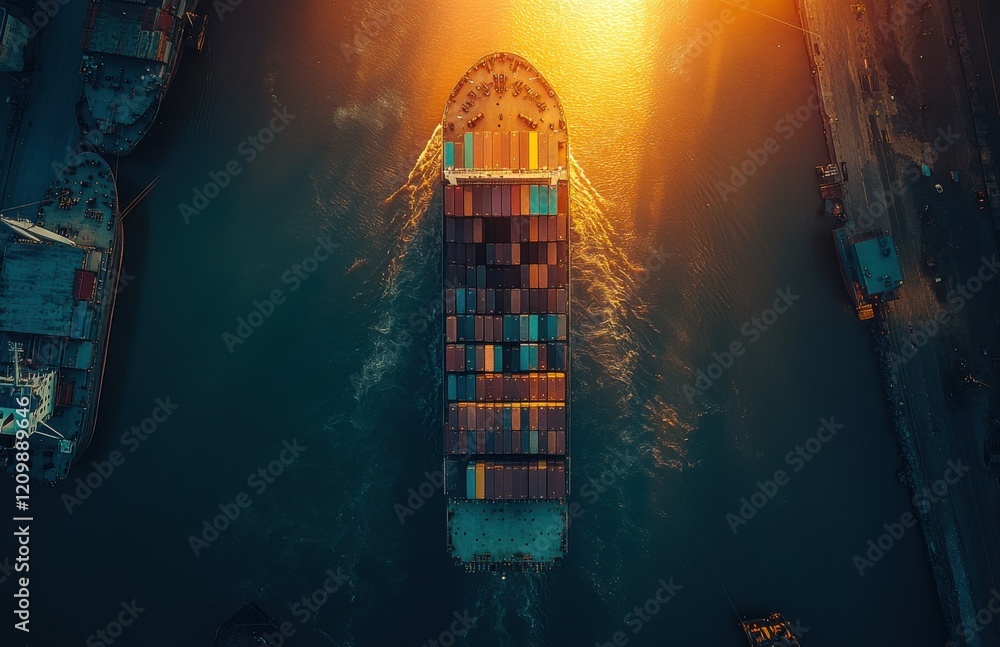 Poster aerial view of container ship navigating through waterway at sunset, surrounded by glimmering reflec