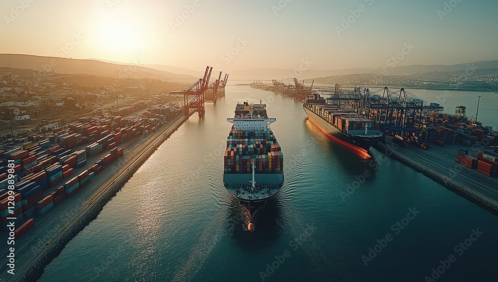 Poster aerial view of container ships navigating through busy port with colorful cargo containers under gol