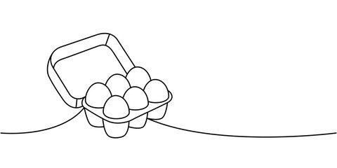 Raw eggs in cardboard container one line continuous drawing. Organic farm product. Vector illustration
