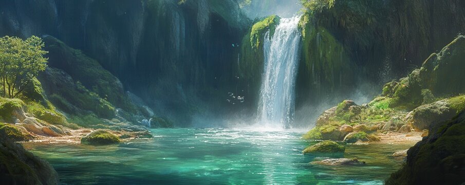 A serene waterfall cascading down a moss-covered cliff into a crystal-clear pool.