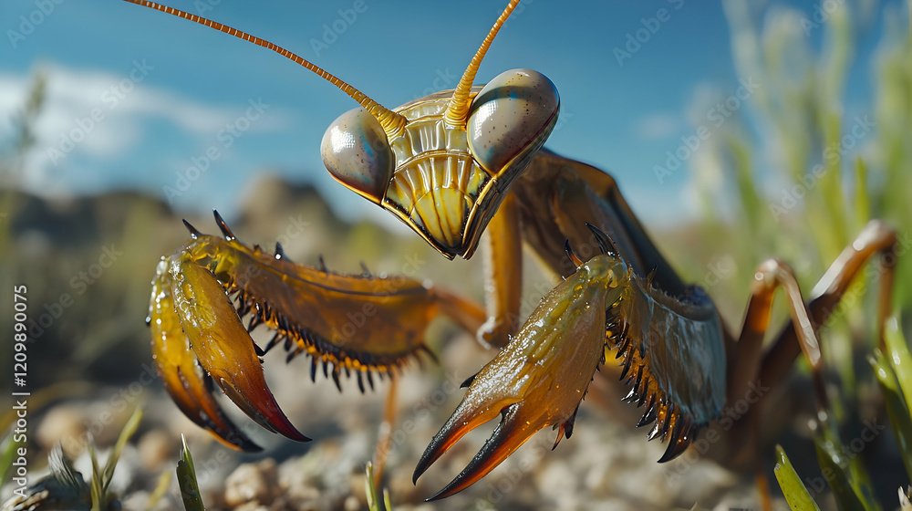 Poster detailed macro shot of a mantis hunting prey, capturing its sharp claws and large eyes in a focused 