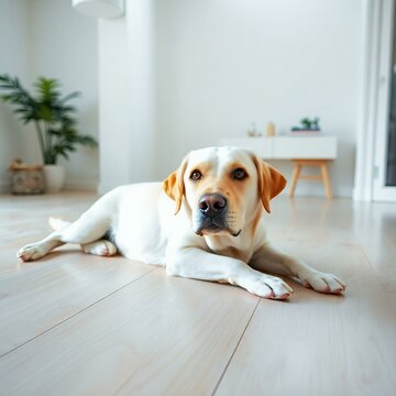 Relaxing Labrador Retriever in Minimalist Room,  Cute Dog Laying on Floor