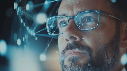 Innovative workplace ideas for technology enthusiasts, showcasing focused man with glasses contemplating digital connections and data visualization