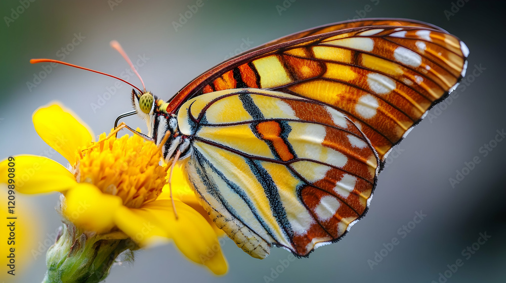 Poster macro shot of a butterfly resting on a yellow flower, emphasizing its intricate wing patterns and de