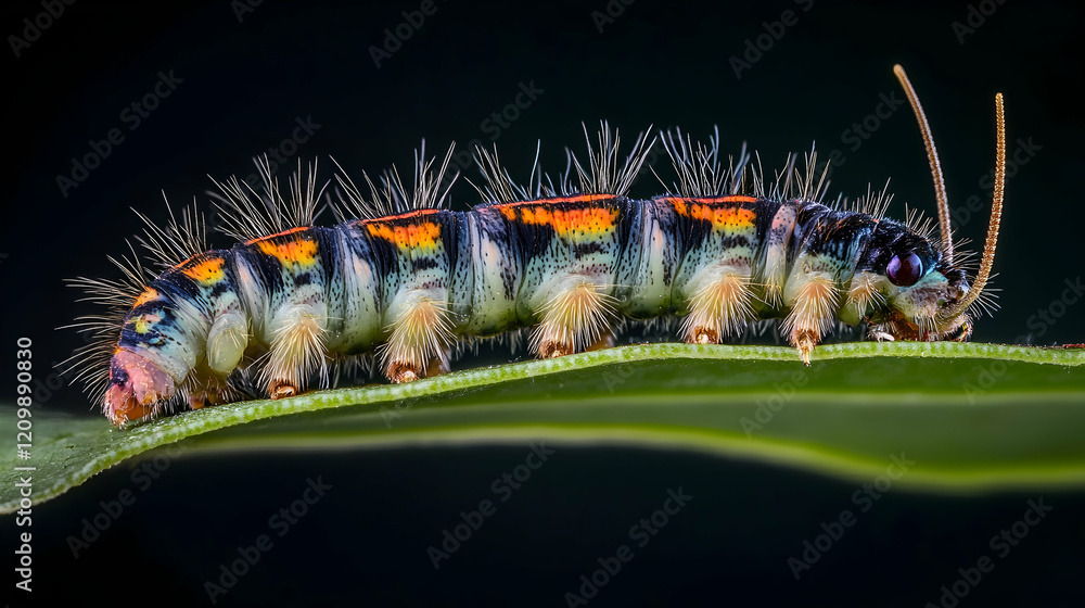 Poster macro shot of a caterpillar on a leaf edge, showcasing its colorful stripes and tiny hairs in sharp 